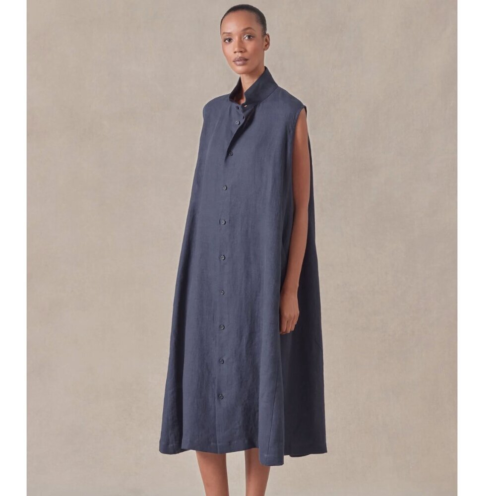Eskandar Blue Linen Sleeveless Button Up Caucasus Shirt Dress with Pockets sz L
